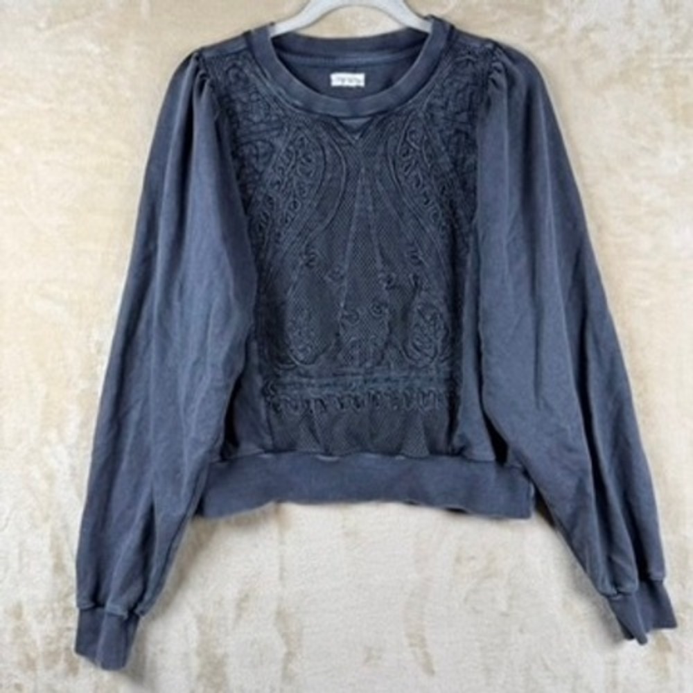 Pilcro Anthropologie Embroidered Sweatshirt Womens M Blue Boho Cottagecore